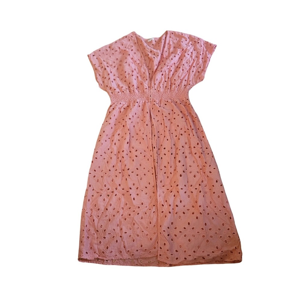 Ultra Pink Coral Eyelet Midi Dress Smocked Waist V-Neck L/XL